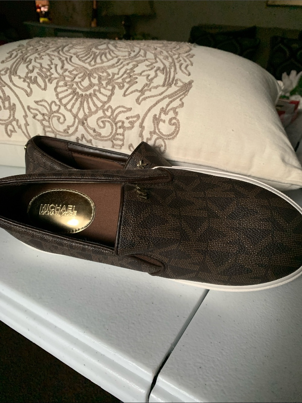 Michael Kors Brown Logo Slip-On Flats with White Sole